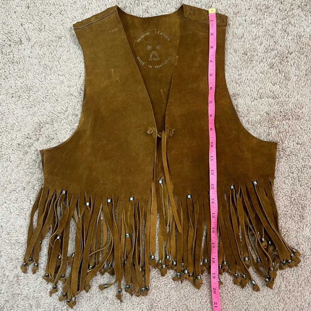 Vintage Suede Handmade Cow Hide Beaded Fringe Tassel Boho Vest / Indian Jacket